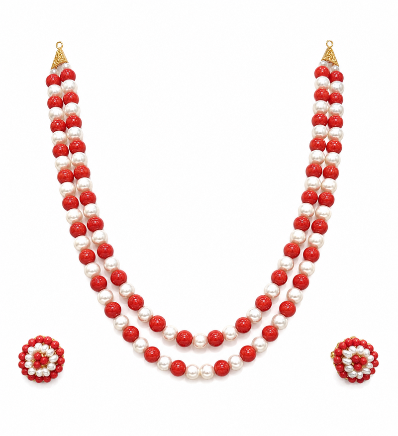 Red coral & white pearl double strand necklace and earring set