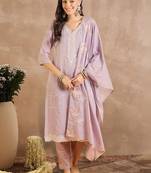 Women Floral Embroidered Regular Thread Work Pure Cotton Kurta with Trousers & With Dupatta