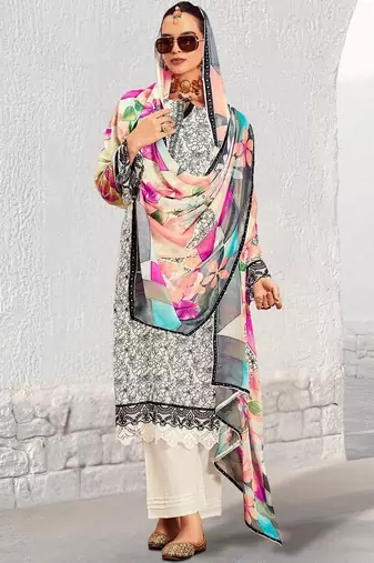 Women Floral Printed Regular Thread Work Kurta with Trousers & With Dupatta