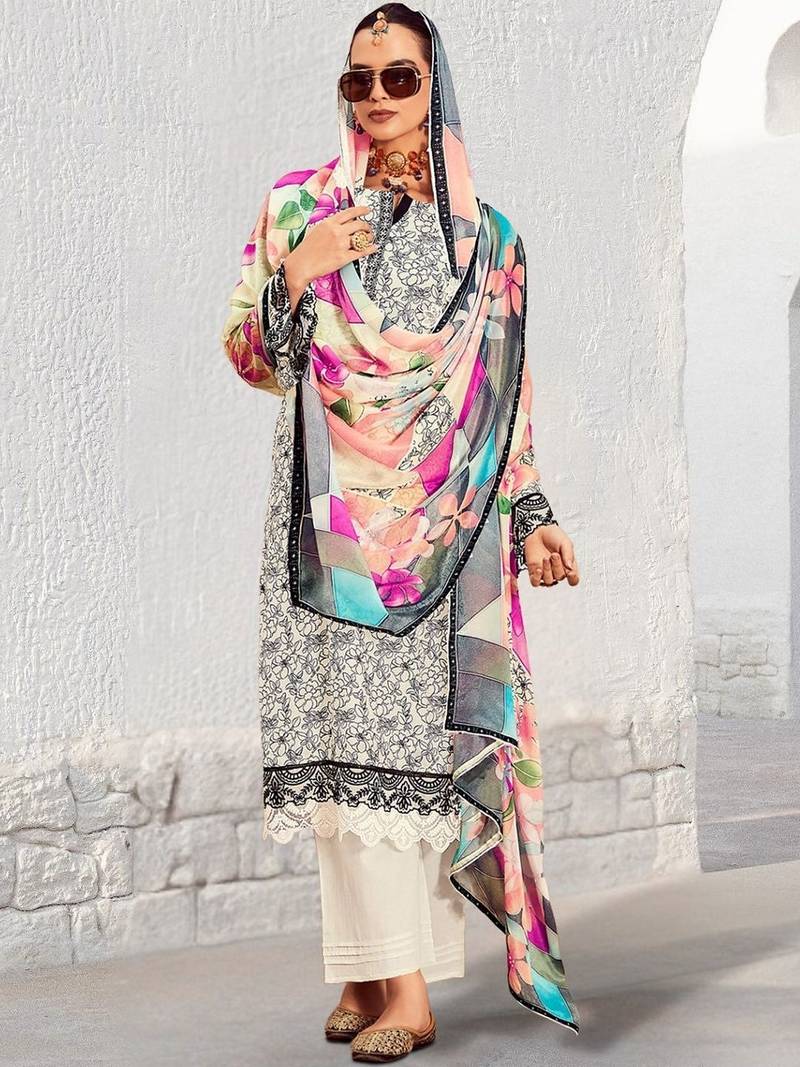 Women Floral Printed Regular Thread Work Kurta with Trousers & With Dupatta