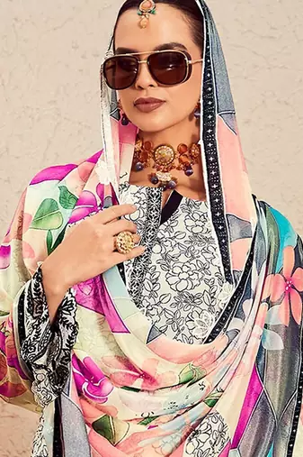 Women Floral Printed Regular Thread Work Kurta with Trousers & With Dupatta