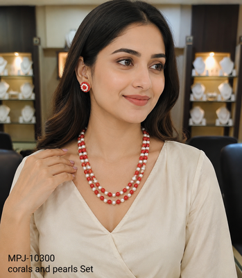 Red coral & white pearl double strand necklace and earring set 3