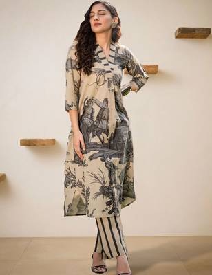 Women Printed Regular Linen Kurta with Trousers 1