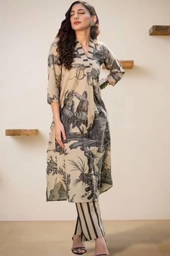 Women Printed Regular Linen Kurta with Trousers