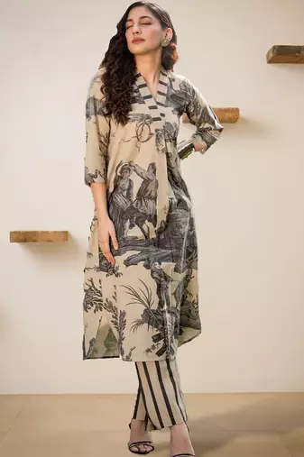 Women Printed Regular Linen Kurta with Trousers