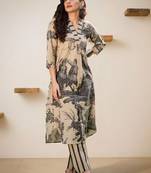 Women Printed Regular Linen Kurta with Trousers