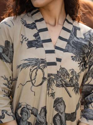 Women Printed Regular Linen Kurta with Trousers 2