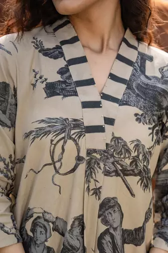 Women Printed Regular Linen Kurta with Trousers