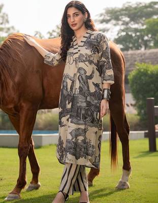 Women Printed Regular Linen Kurta with Trousers 6