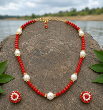 Red coral bead and pearl necklace set with stud earrings 1