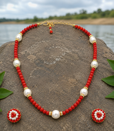Red coral bead and pearl necklace set with stud earrings