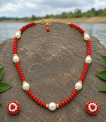 Red coral bead and pearl necklace set with stud earrings