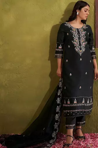 Women Floral Embroidered Regular Thread Work Kurta with Trousers & With Dupatta