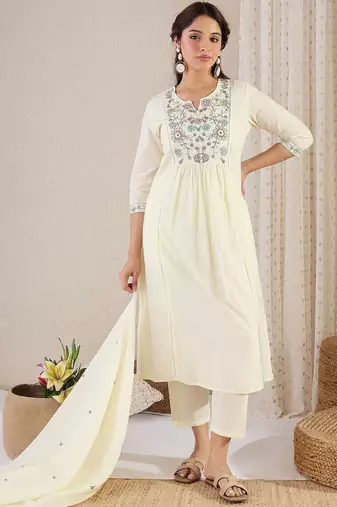 Women Floral Embroidered Empire Thread Work Pure Cotton Kurta with Trousers & With Dupatta
