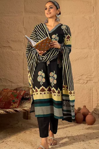 Women Ethnic Motifs Printed Regular Pure Cotton Kurta with Trousers & With Dupatta