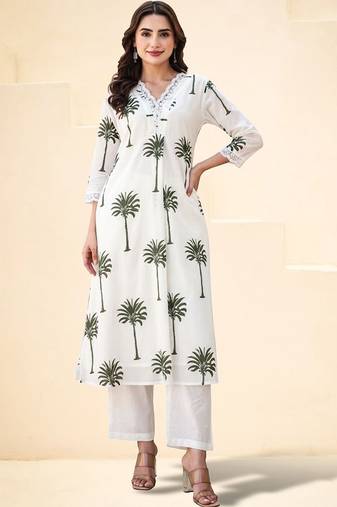 Women Ethnic Motifs Printed Regular Thread Work Pure Cotton Kurta with Trousers