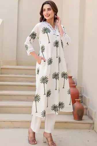 Women Ethnic Motifs Printed Regular Thread Work Pure Cotton Kurta with Trousers
