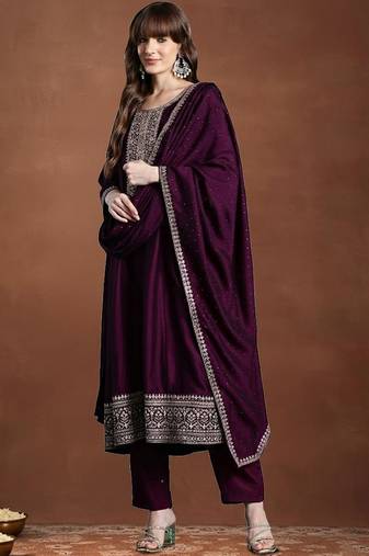 Women Ethnic Motifs Embroidered Panelled Thread Work Kurta with Trousers & With Dupatta