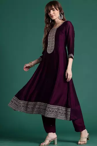 Women Ethnic Motifs Embroidered Panelled Thread Work Kurta with Trousers & With Dupatta