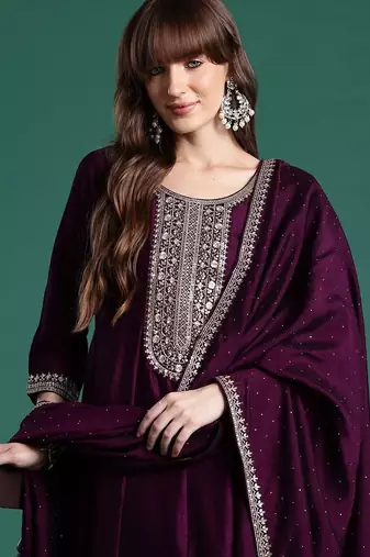 Women Ethnic Motifs Embroidered Panelled Thread Work Kurta with Trousers & With Dupatta