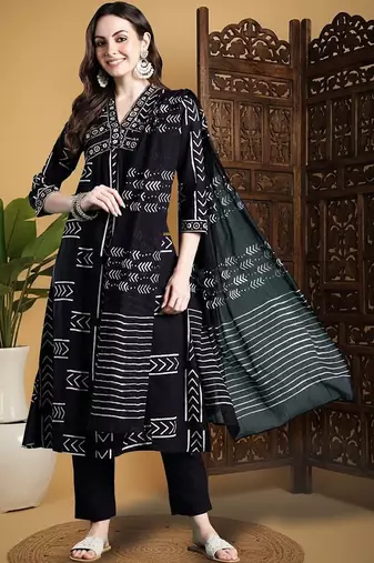 Women Printed Empire Thread Work Pure Cotton Kurta with Trousers & With Dupatta