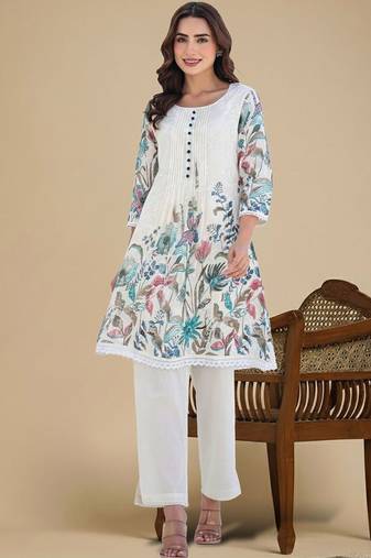 Women Floral Printed Pleated Thread Work  Cotton Kurta with Trousers