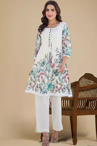 Women Floral Printed Pleated Thread Work Pure Cotton Kurta with Trousers