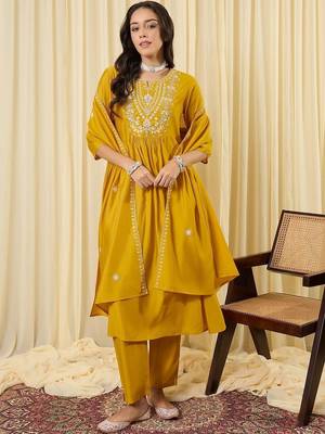Women Ethnic Motifs Embroidered Tiered Thread Work Kurta with Trousers & With Dupatta 1