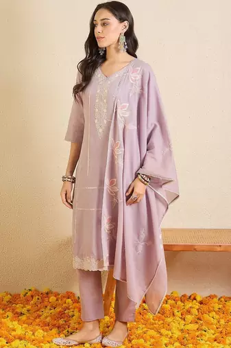 Women Floral Embroidered Regular Thread Work Pure Cotton Kurta with Trousers & With Dupatta