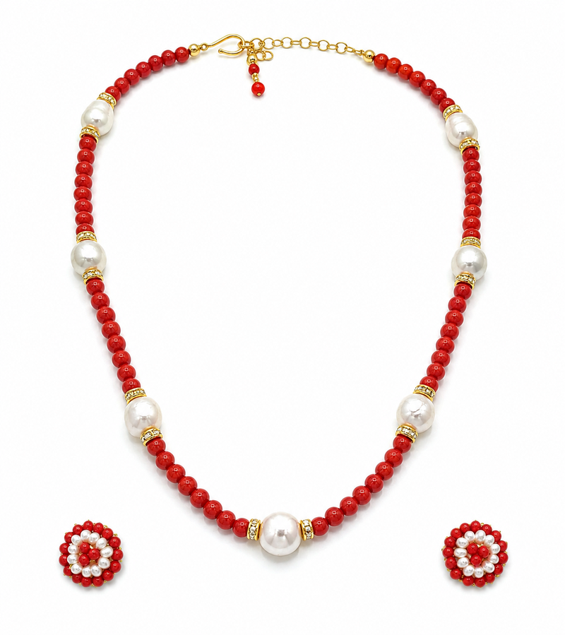 Red coral bead and pearl necklace set with stud earrings