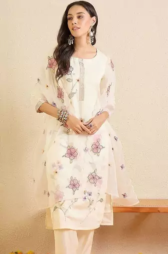 Women Floral Embroidered Regular Thread Work Kurta with Trousers & With Dupatta