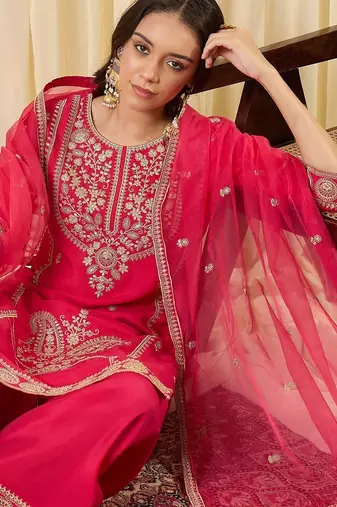 Women Ethnic Motifs Embroidered Regular Thread Work Kurta with Palazzos & With Dupatta