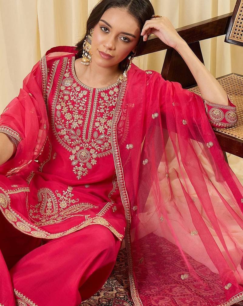 Women Ethnic Motifs Embroidered Regular Thread Work Kurta with Palazzos & With Dupatta