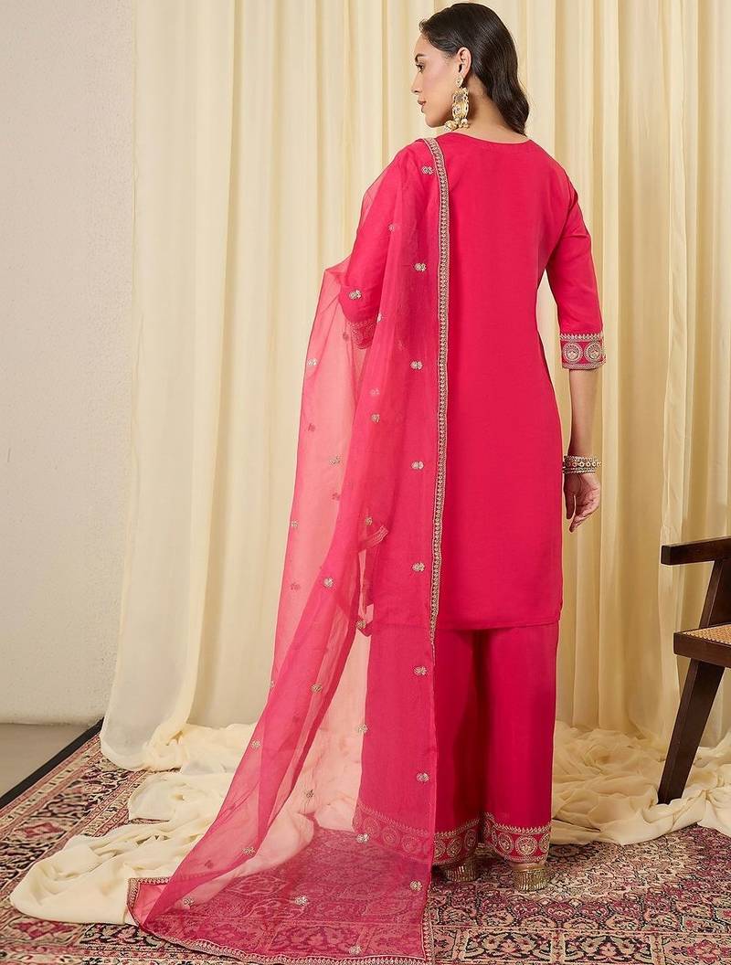 Women Ethnic Motifs Embroidered Regular Thread Work Kurta with Palazzos & With Dupatta