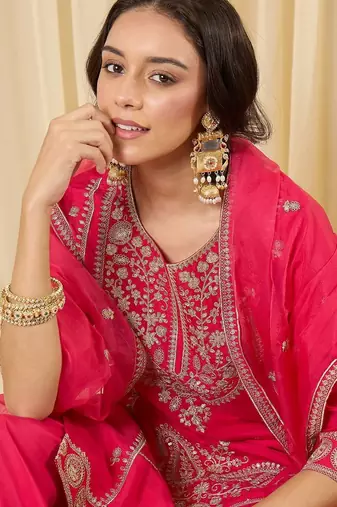 Women Ethnic Motifs Embroidered Regular Thread Work Kurta with Palazzos & With Dupatta
