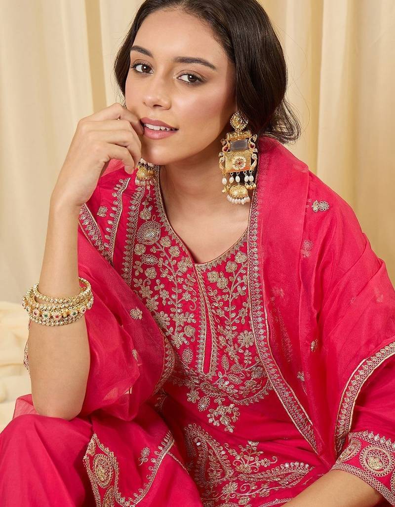 Women Ethnic Motifs Embroidered Regular Thread Work Kurta with Palazzos & With Dupatta