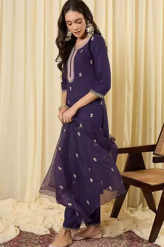 Women Ethnic Motifs Embroidered Regular Thread Work Kurta with Trousers & With Dupatta