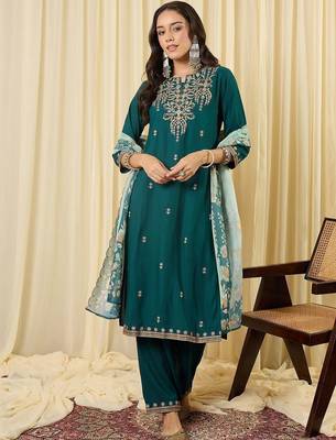 Women Ethnic Motifs Embroidered Regular Thread Work Kurta with Trousers & With Dupatta 1