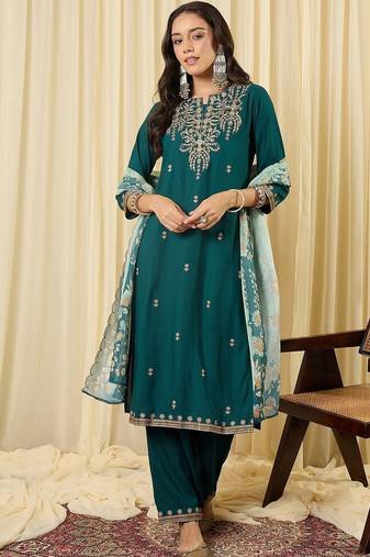 Women Ethnic Motifs Embroidered Regular Thread Work Kurta with Trousers & With Dupatta