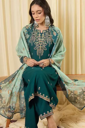 Women Ethnic Motifs Embroidered Regular Thread Work Kurta with Trousers & With Dupatta