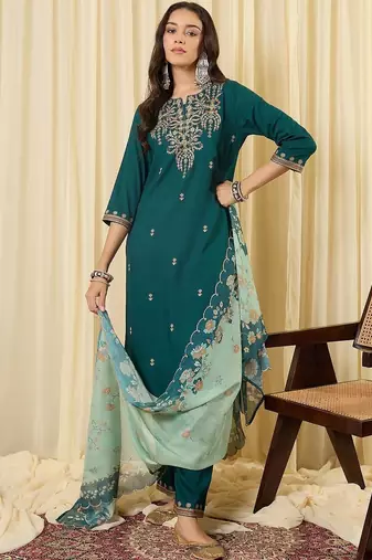 Women Ethnic Motifs Embroidered Regular Thread Work Kurta with Trousers & With Dupatta