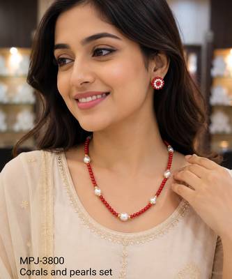 Red coral bead and pearl necklace set with stud earrings 3