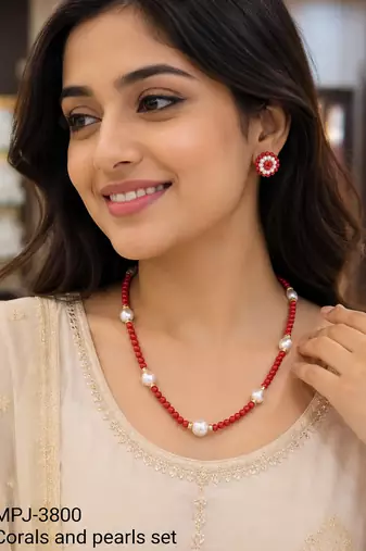 Red coral bead and pearl necklace set with stud earrings