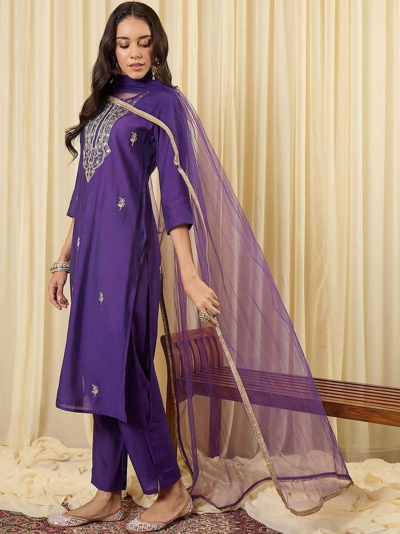 Women Ethnic Motifs Embroidered Regular Thread Work Kurta with Trousers & With Dupatta