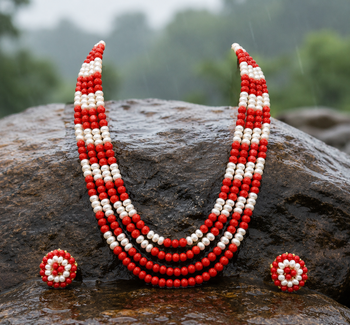 Red coral & white pearl multi-layer beaded necklace earring set 1