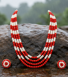 Red coral & white pearl multi-layer beaded necklace earring set