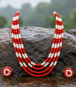 Red coral & white pearl multi-layer beaded necklace earring set