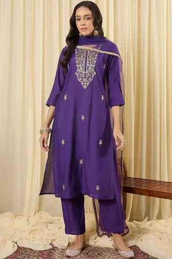 Women Ethnic Motifs Embroidered Regular Thread Work Kurta with Trousers & With Dupatta