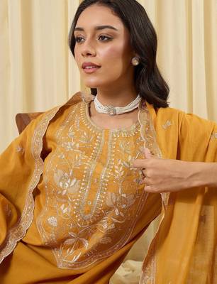 Women Ethnic Motifs Embroidered Regular Thread Work Pure Cotton Kurta with Trousers & With Dupatta 1