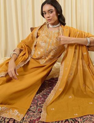 Women Ethnic Motifs Embroidered Regular Thread Work Pure Cotton Kurta with Trousers & With Dupatta 2